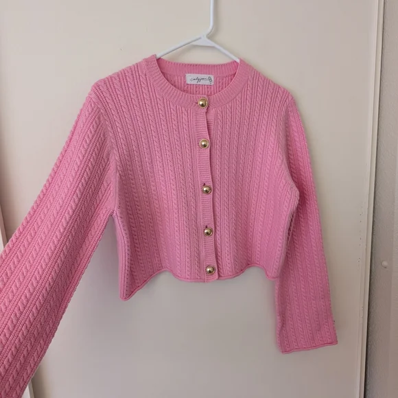 Carly Jean Womens Small Cable Knit Cardigan Sweater Pink Coquette Cottage Preppy - Picture 4 of 7